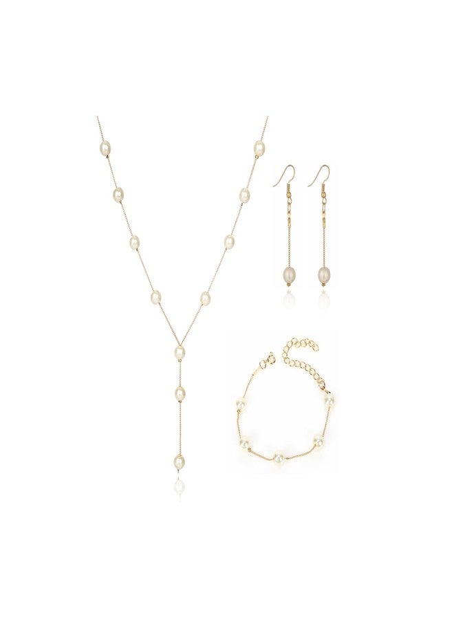 Uarein Pearl Jewelry Sets for Women Brides Wedding Faux Pearls Necklace Bracelet Earrings Set Simulated Pearls Set Adjustable Y-shaped Pearl Necklaces Dainty Bridesmaid Jewelry Gifts (Gold) - Image 1